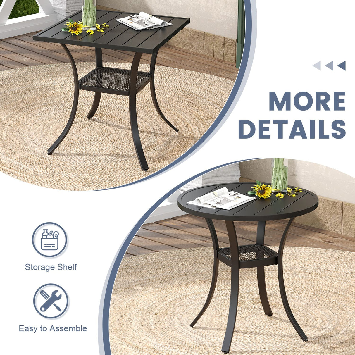 Vicllax 3-Piece Patio Bistro Set, Outdoor Swivel Chairs and 27.6" Small Metal Table With Storage Rack