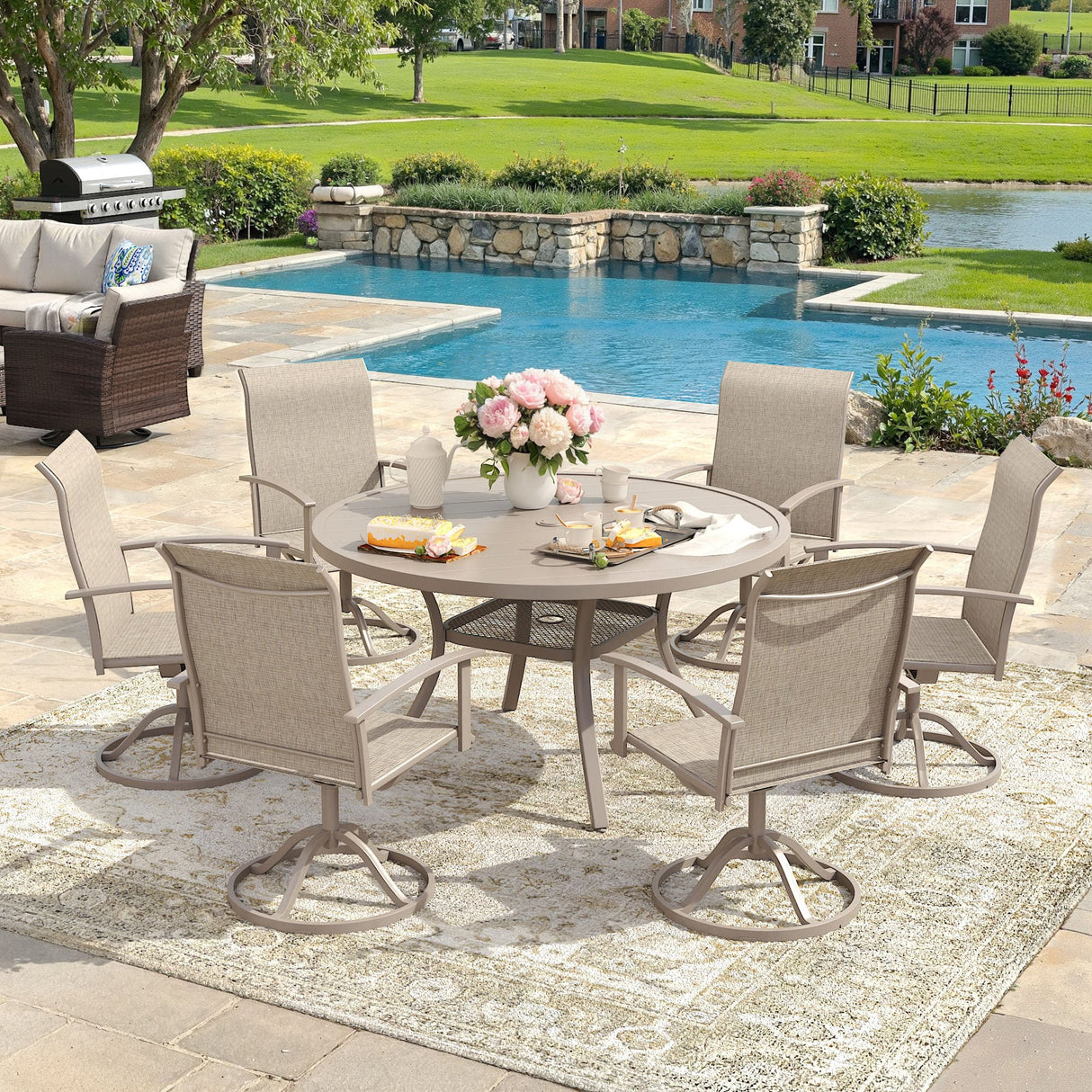 Vicllax Outdoor Dining Set for 6 People, Patio 47" Round Table with 6 Swivel Chairs