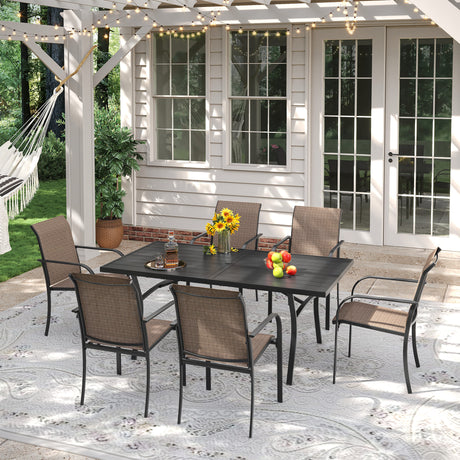 VICLLAX Patio 7 Pieces Outdoor Dining Set, 63" Rectangular Metal Dining Table and Stackable Sling Dining Chair with Armrest