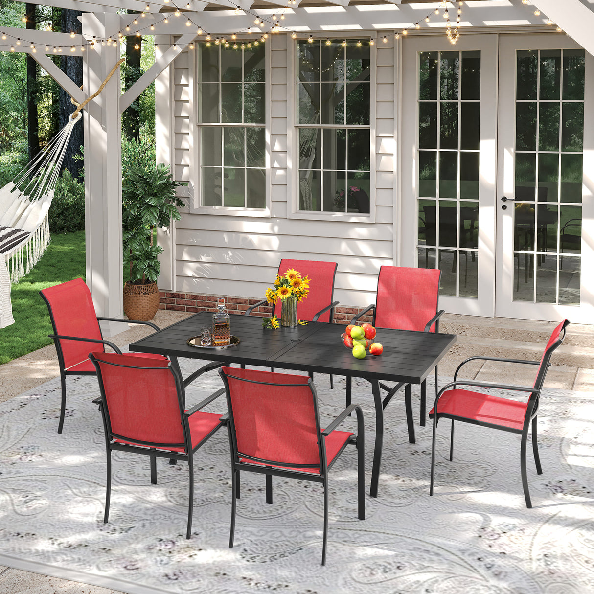 VICLLAX Patio 7 Pieces Outdoor Dining Set, 63" Rectangular Metal Dining Table and Stackable Sling Dining Chair with Armrest