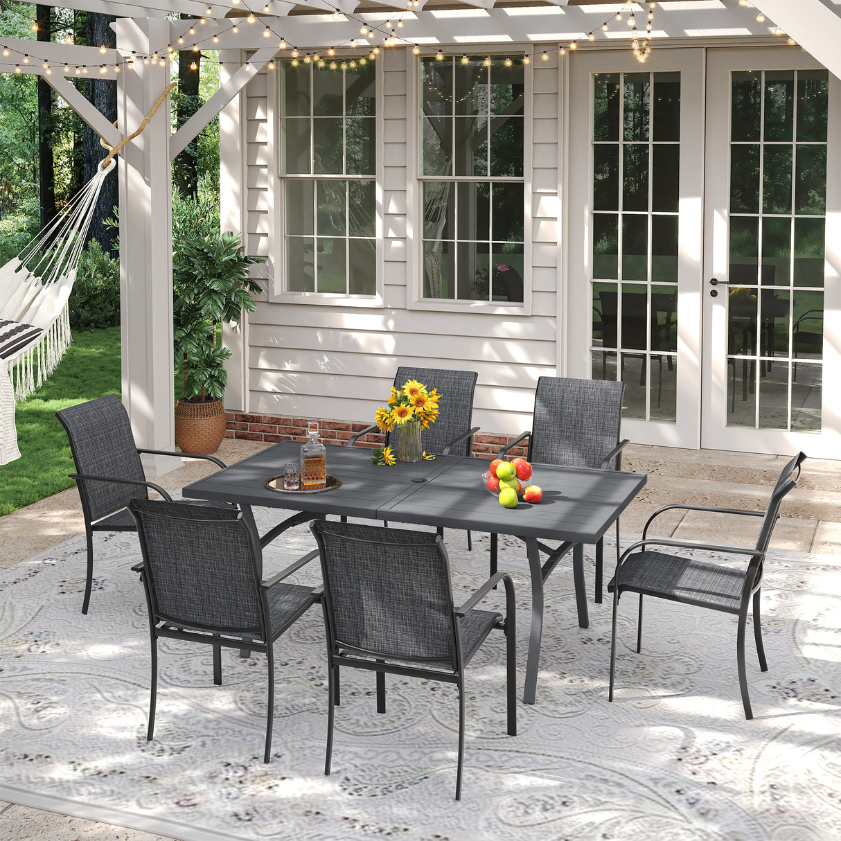 VICLLAX Patio 7 Pieces Outdoor Dining Set, 63" Rectangular Metal Dining Table and Stackable Sling Dining Chair with Armrest