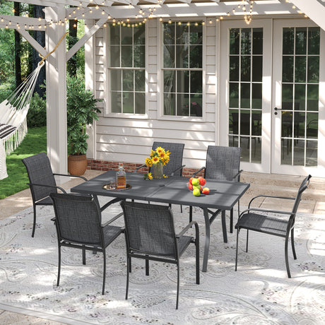VICLLAX Patio 7 Pieces Outdoor Dining Set, 63" Rectangular Metal Dining Table and Stackable Sling Dining Chair with Armrest