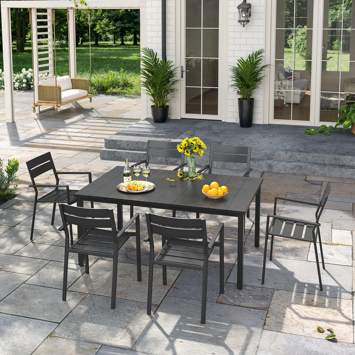 VICLLAX Patio 7 Pieces Outdoor Dining Set, 63" Rectangular Metal Dining Table and Swivel Chairs of 6