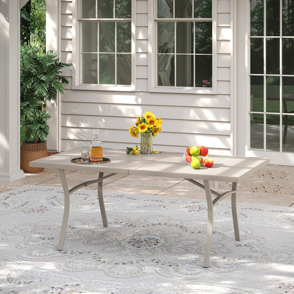 VICLLAX Patio 7 Pieces Outdoor Dining Set, 63" Rectangular Metal Dining Table and Stackable Sling Dining Chair with Armrest