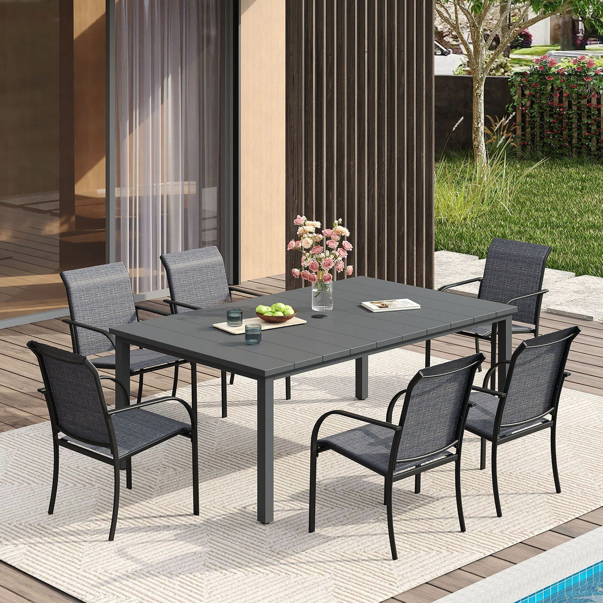 Vicllax 7 Pieces Outdoor Dining Set with Metal Rectangular Table and Stackable Sling Chair