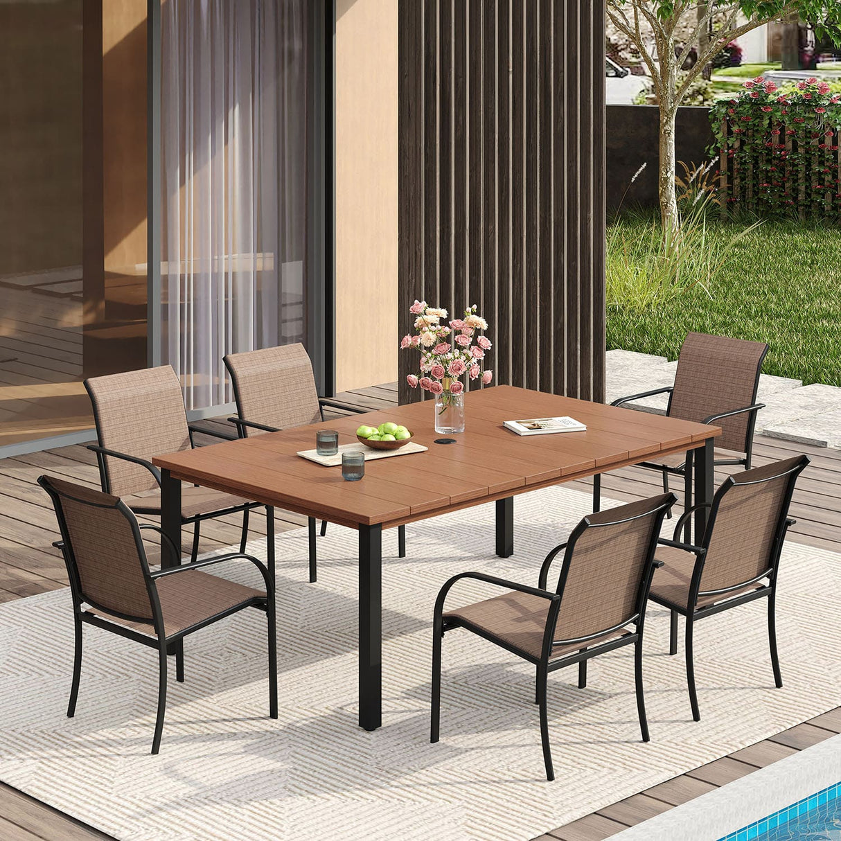 Vicllax 7 Pieces Outdoor Dining Set with Metal Rectangular Table and Stackable Sling Chair