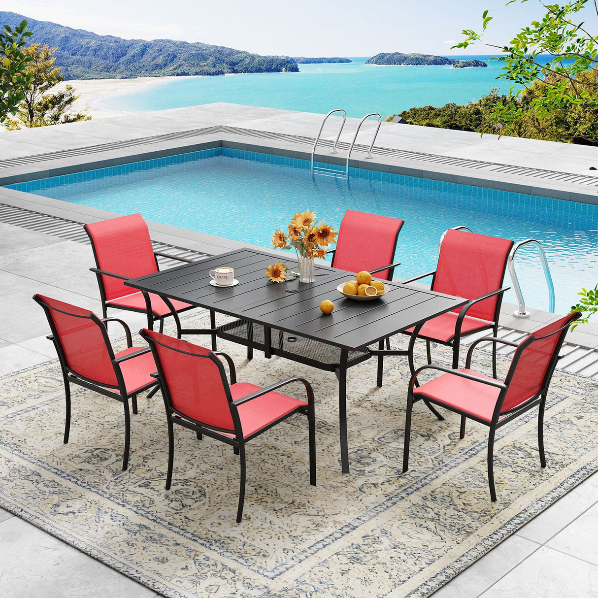 Vicllax 7 Pieces Outdoor Dining Set with Curved Dining Table and Stackable Sling Chair
