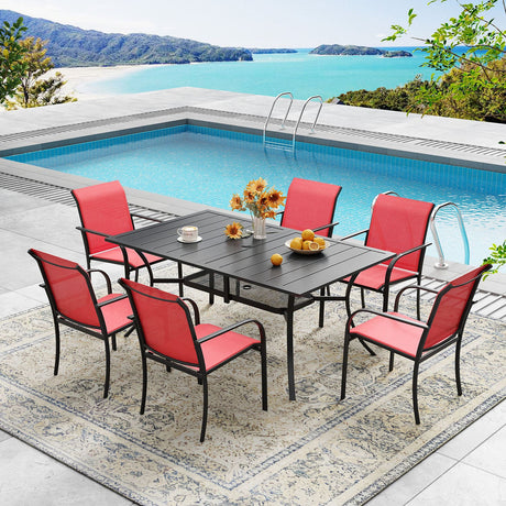 Vicllax 7 Pieces Outdoor Dining Set with Curved Dining Table and Stackable Sling Chair
