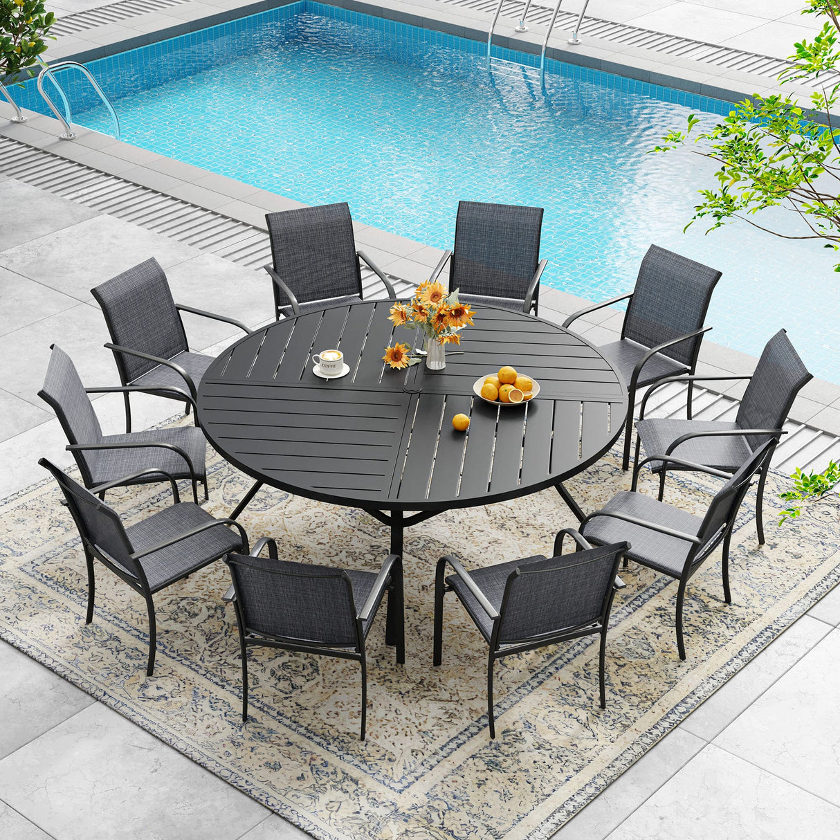 VICLLAX 7/9/11 PCS Patio Dining Table Set, Round Metal Table and Stackable Sling Chair