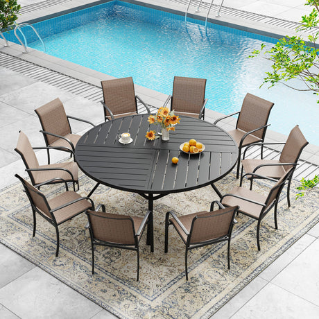 VICLLAX 7/9/11 PCS Patio Dining Table Set, Round Metal Table and Stackable Sling Chair
