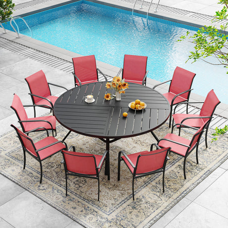VICLLAX 7/9/11 PCS Patio Dining Table Set, Round Metal Table and Stackable Sling Chair