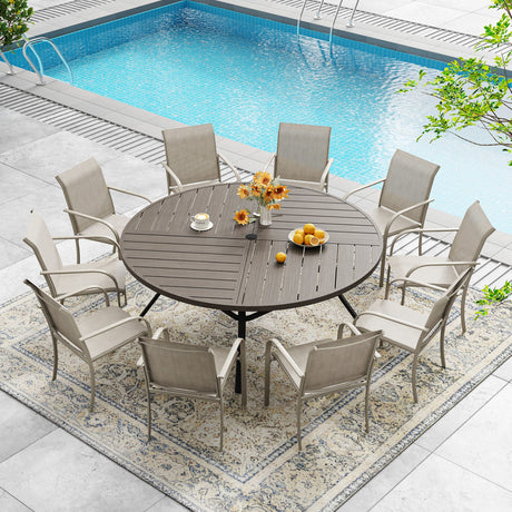VICLLAX 7/9/11 PCS Patio Dining Table Set, Round Metal Table and Stackable Sling Chair