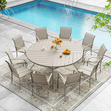VICLLAX 7/9/11 PCS Patio Dining Table Set, Round Metal Table and Stackable Sling Chair
