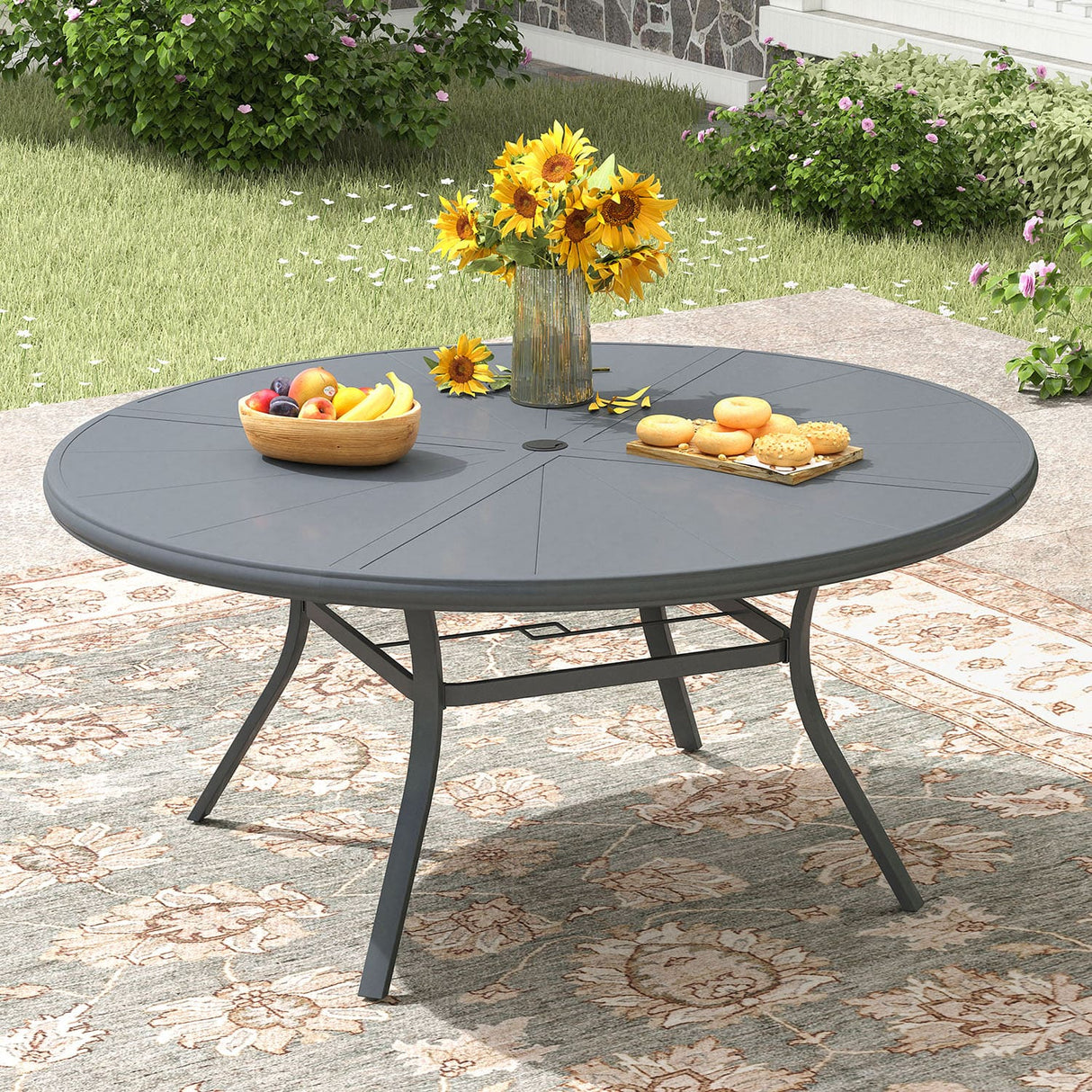 Vicllax Outdoor Round Dining Table, Patio Aluminum Tabletop with Storage Shelf