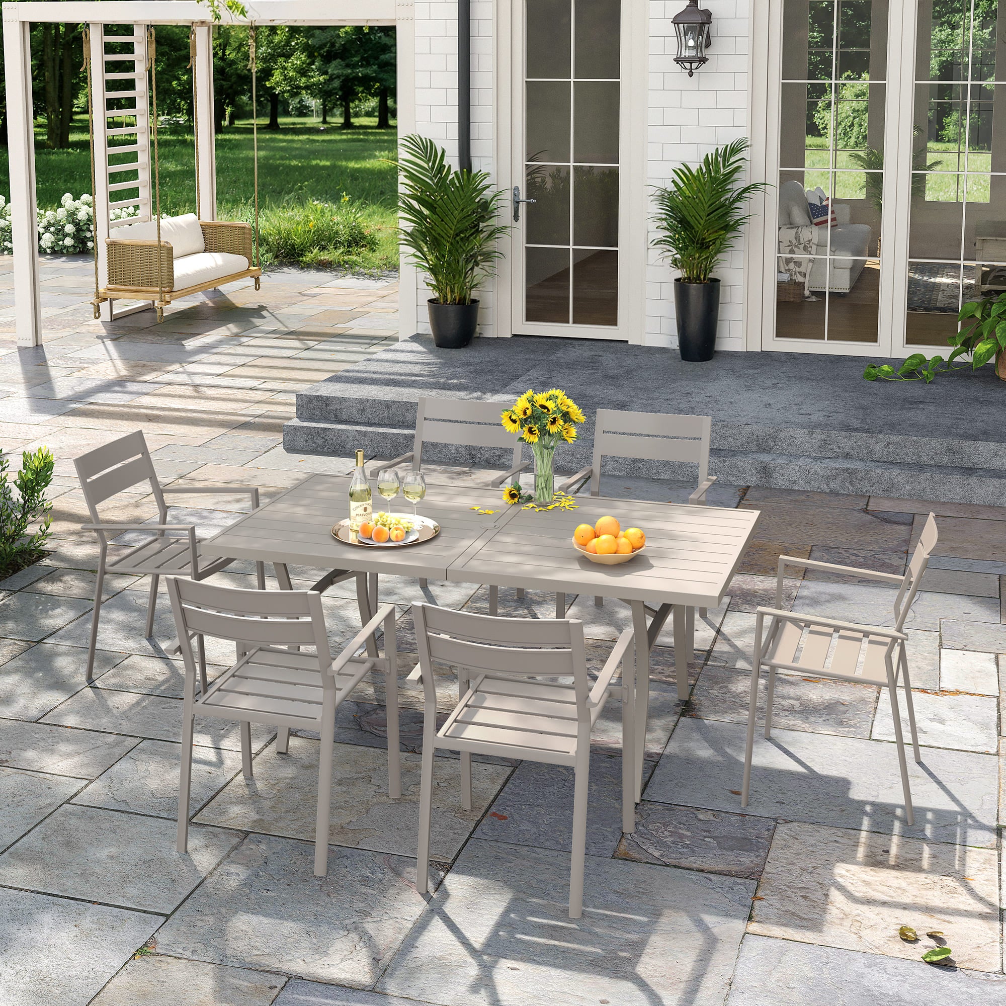 VICLLAX Patio 7 Pieces Outdoor Dining Set, 63" Rectangular Metal Dining Table and 6 Stackable Chairs for Lawn