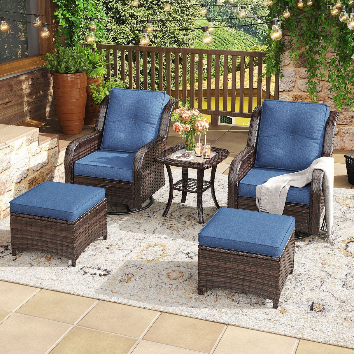 Vicllax Patio Wicker Oasis Lounge Set, Cushioned Sofa Swivel Chairs and Ottomans