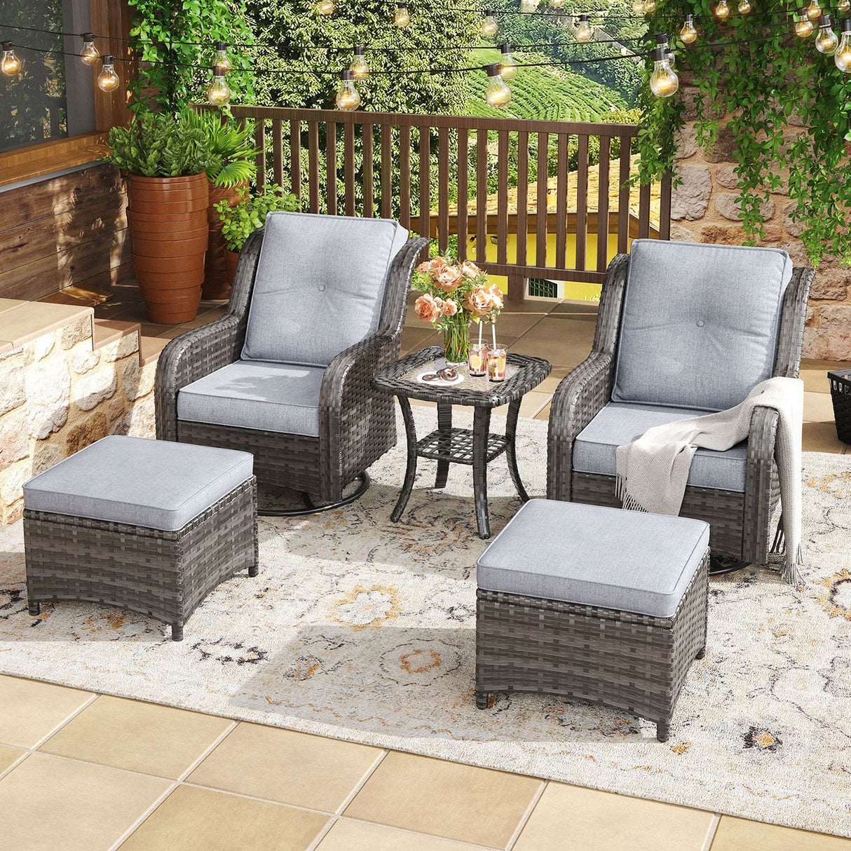 Vicllax Patio Wicker Oasis Lounge Set, Cushioned Sofa Swivel Chairs and Ottomans