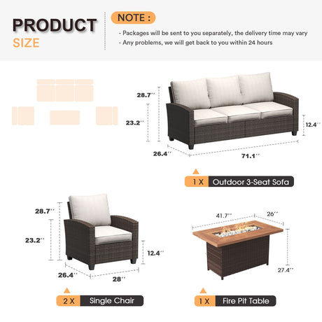 Vicllax Patio Furniture Set, Wicker Outdoor Conversation Set with Cushioned Sofa Chairs Fire Pit Table and Ottomans