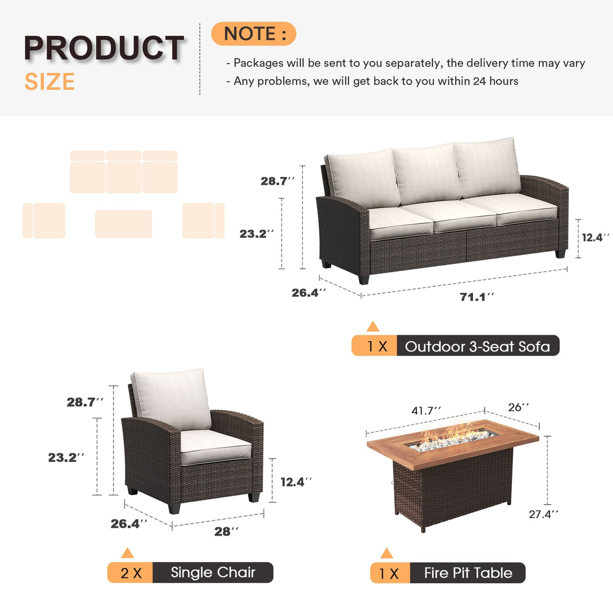 Vicllax Patio Furniture Set, Wicker Outdoor Conversation Set with Cushioned Sofa Chairs Fire Pit Table and Ottomans