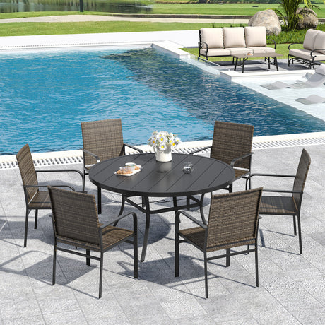 Vicllax Willow Circle 5/7 Pieces Wicker Dining Set, Round Metal Table and Wicker Armchairs
