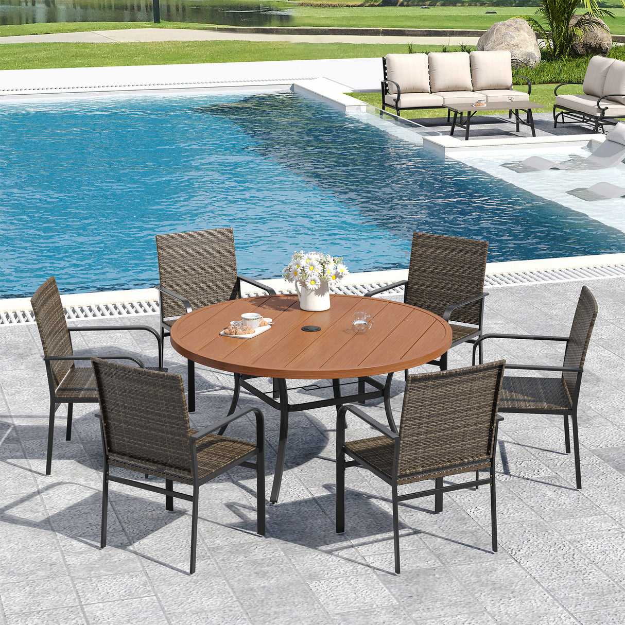 Vicllax Willow Circle 5/7 Pieces Wicker Dining Set, Round Metal Table and Wicker Armchairs