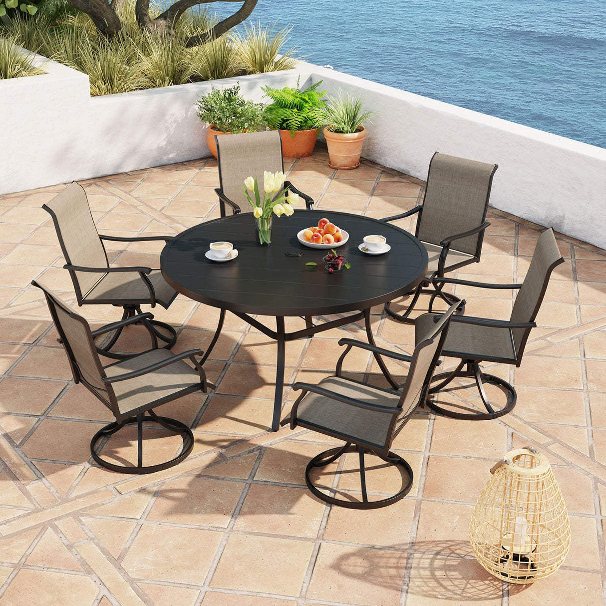 Vicllax 50” / 60" Outdoor Round Metal Dining Table with Umbrella Hole for 6,8