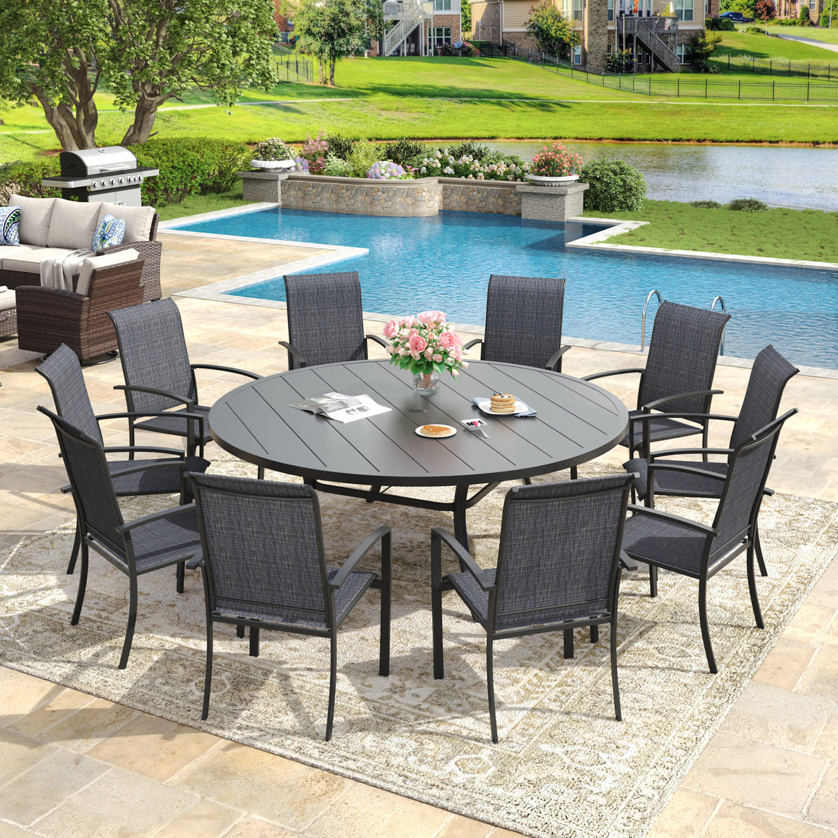 Vicllax 11 PCS Patio Dining Table Set, 60" Round Metal Table and Skyline Stackable Chair