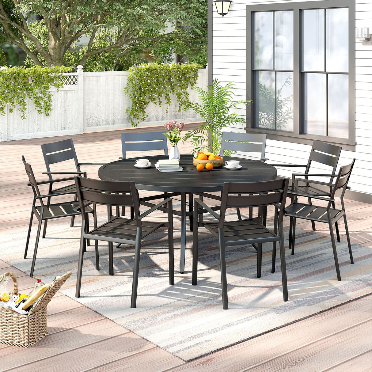 Vicllax Juego de comedor para exterior de 7 piezas con mesa redonda de metal de 48" y sillas con apoyabrazos