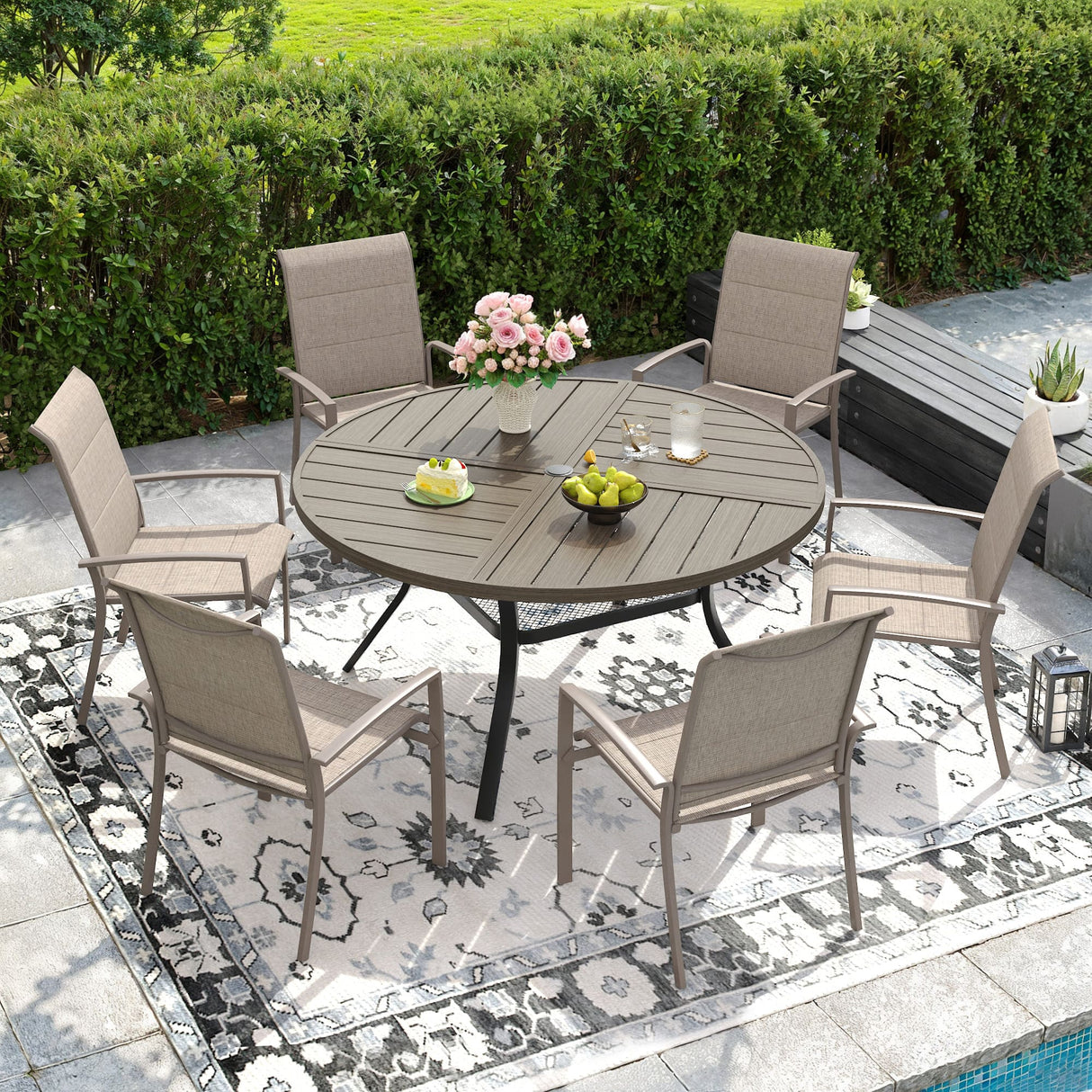 VICLLAX Patio Outdoor Dining Set of 4/6, Metal Round Dining Table and Stackable Sling Dining Chair with Armrest