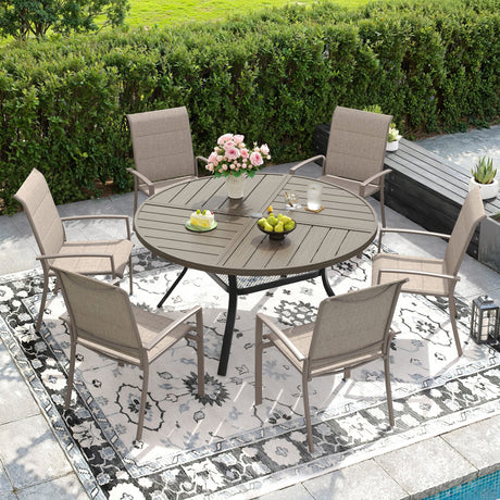 VICLLAX Patio Outdoor Dining Set of 4/6, Metal Round Dining Table and Stackable Sling Dining Chair with Armrest