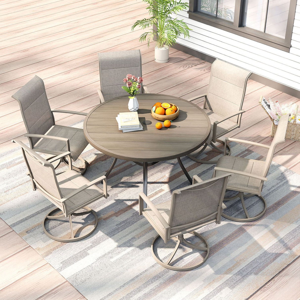 Vicllax 7 Pieces Outdoor Dining Set with 48" Round Dining Table and Swivel Chairs