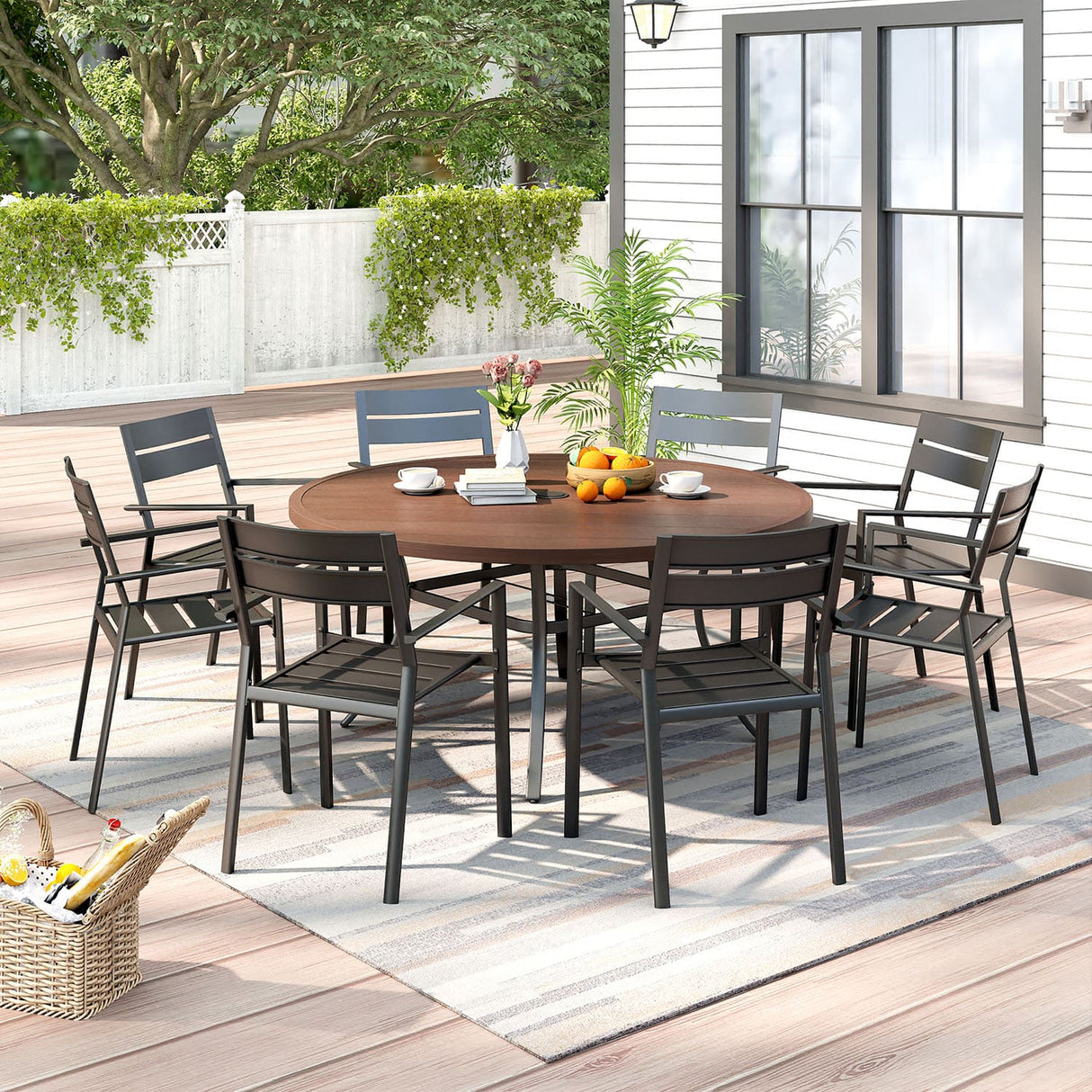 Vicllax Juego de comedor para exterior de 7 piezas con mesa redonda de metal de 48" y sillas con apoyabrazos