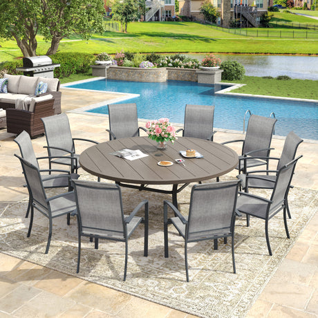 Vicllax 11 PCS Patio Dining Table Set, 60" Round Metal Table and Skyline Stackable Chair