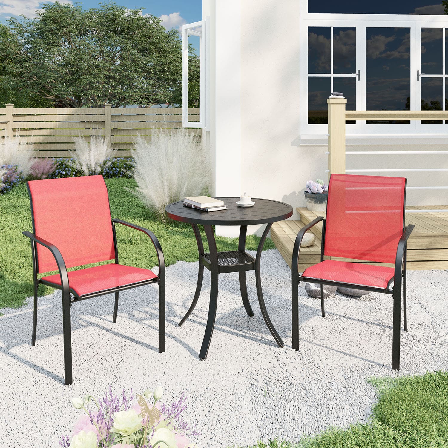 Vicllax 3-Piece Patio Bistro Set, Outdoor Stackable Sling Chairs and Round Bisto Table