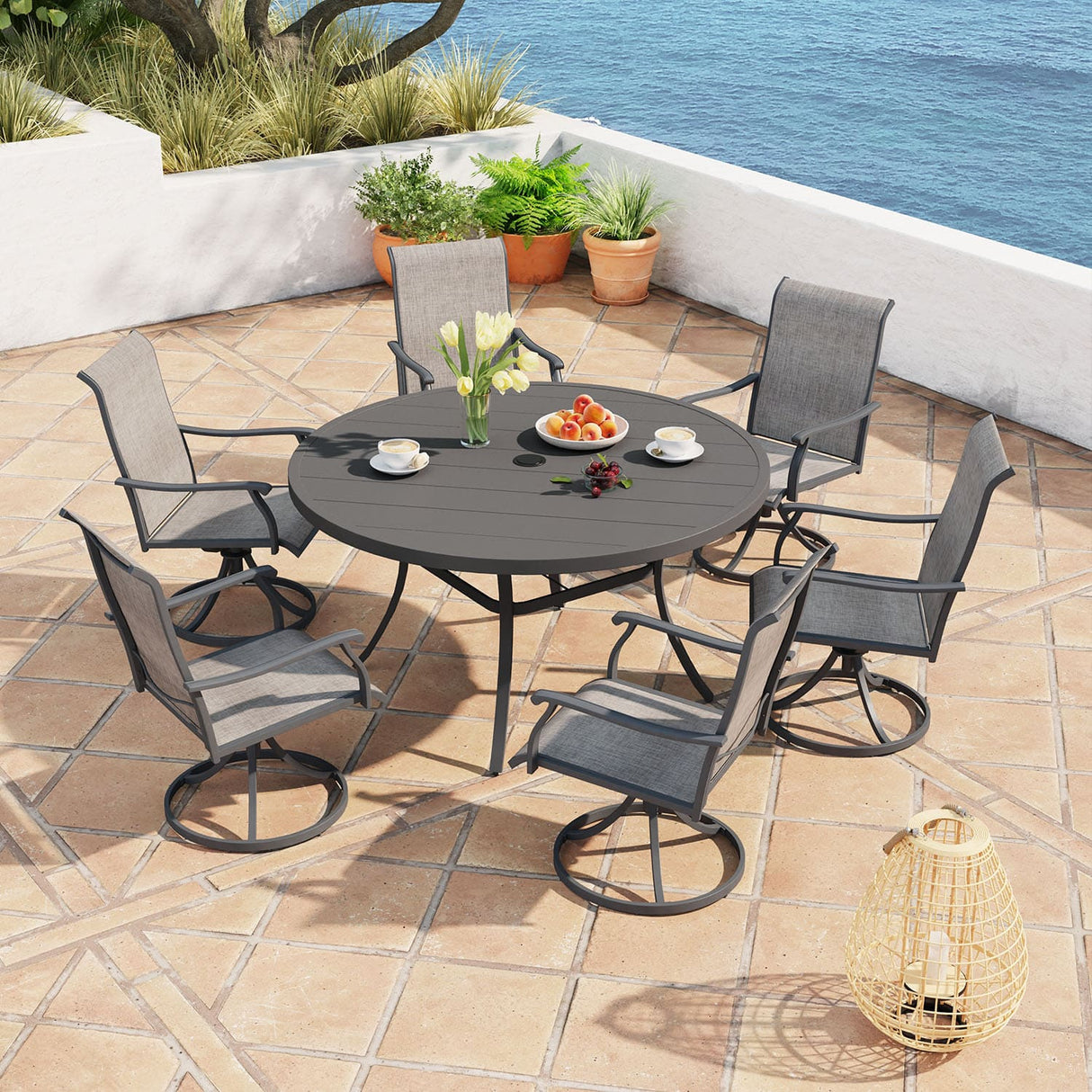 Vicllax 50” / 60" Outdoor Round Metal Dining Table with Umbrella Hole for 6,8