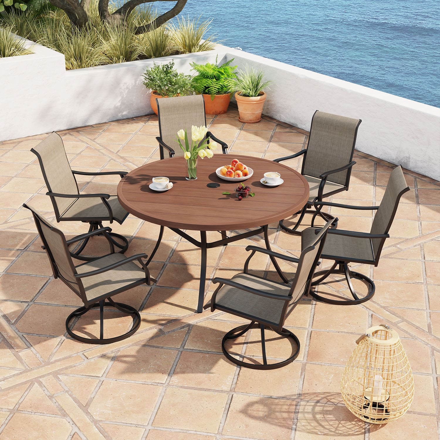 Vicllax 7 Pieces Outdoor Dining Set with 54" Round Dining Table and Swivel Chairs