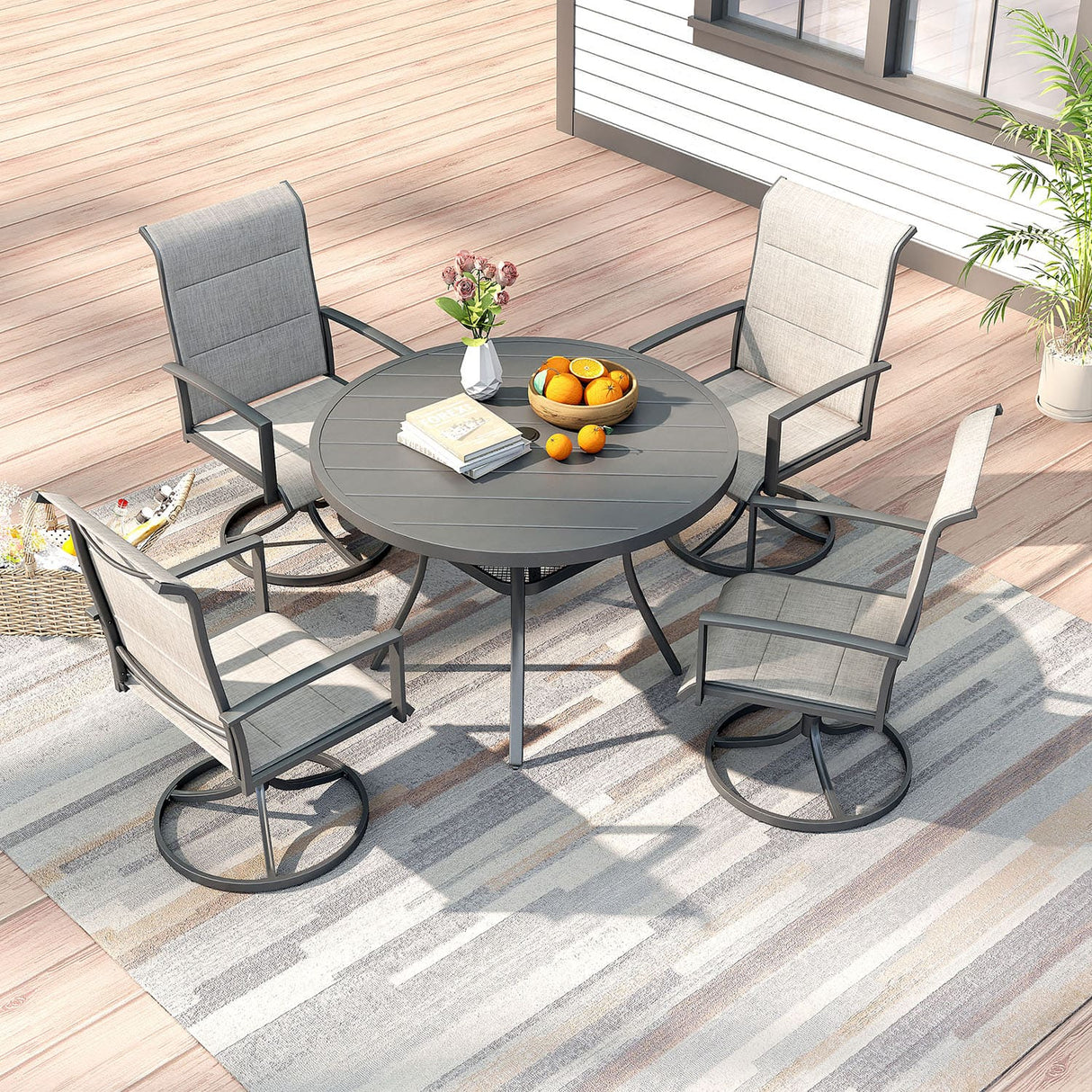 Vicllax 5-Piece Outdoor Dining Set, 42" Round Metal Table and Padded Swivel Chairs