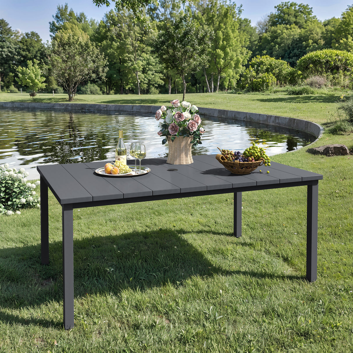 VICLLAX Patio 7 Pieces Outdoor Dining Set, 63" Rectangular Metal Dining Table and Swivel Chairs of 6