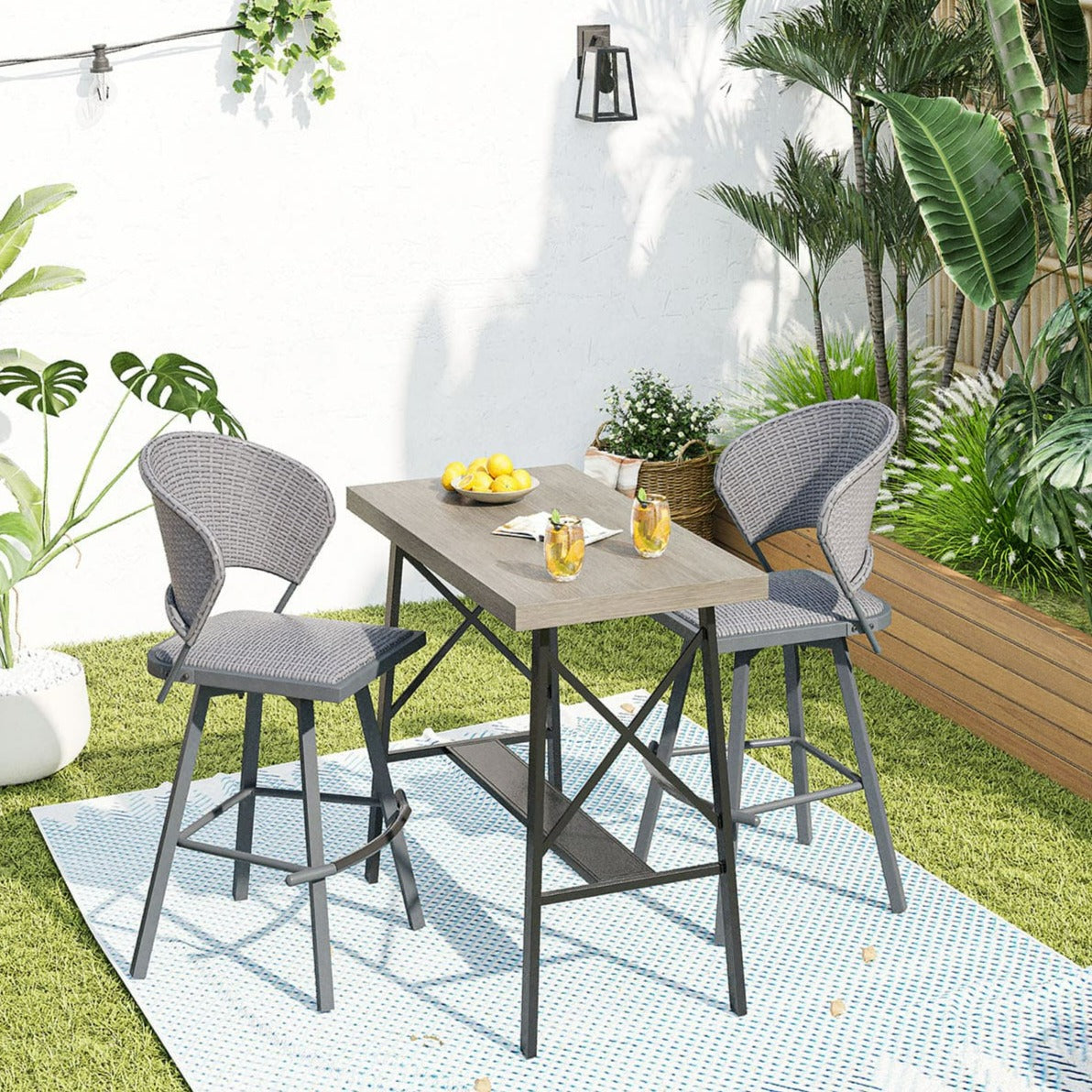 Vicllax 3 PCS Swivel Bar Set, Patio Wicker Bar Chairs and Wider Bar Table