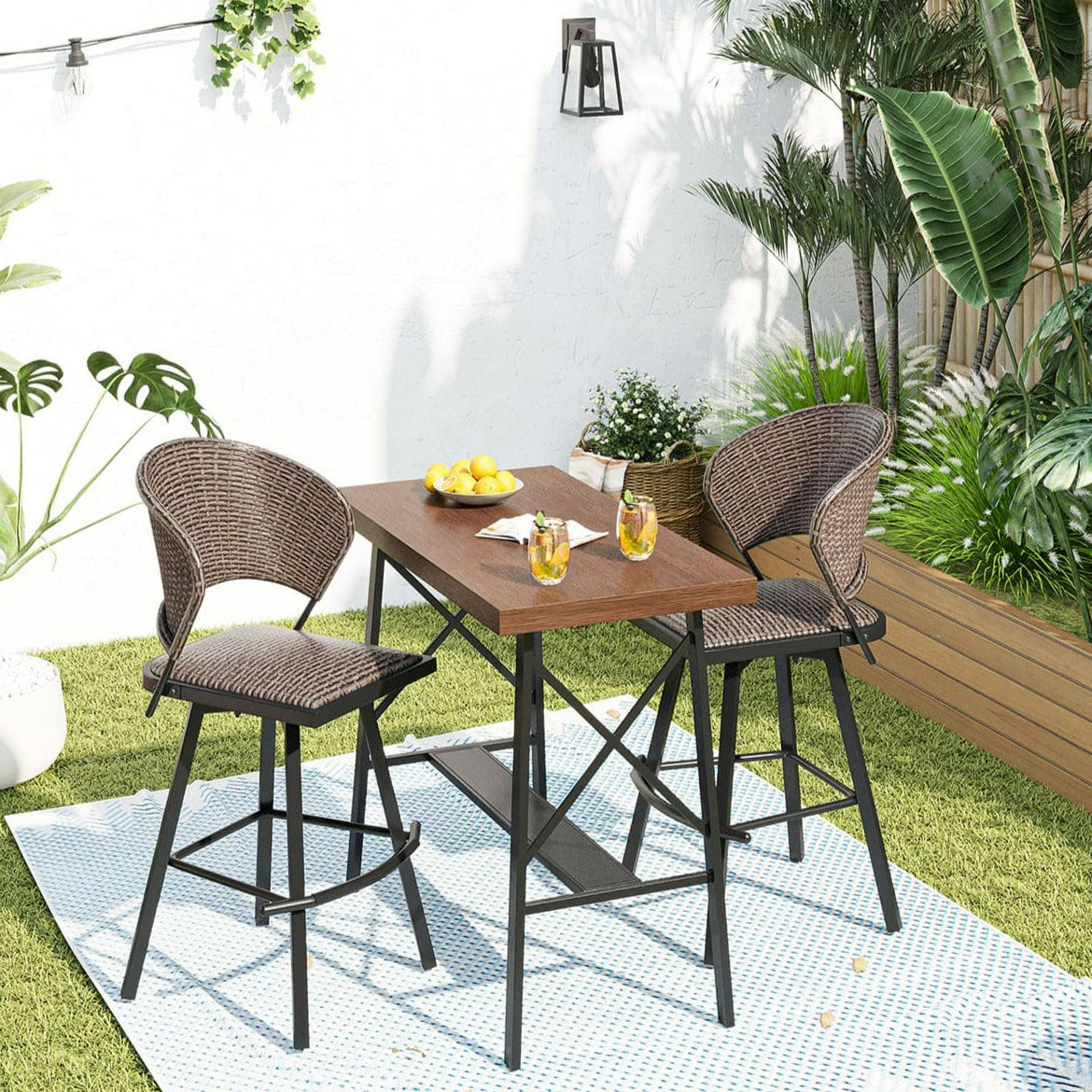 Vicllax 3 PCS Outdoor Bar Set, Patio Wicker Bar Chairs and Large Rectangular Bar Table