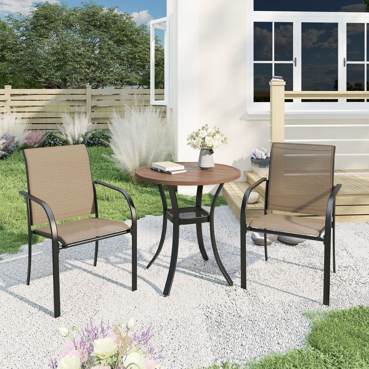 Vicllax 3-Piece Patio Bistro Set, Outdoor Stackable Sling Chairs and Metal Round Table