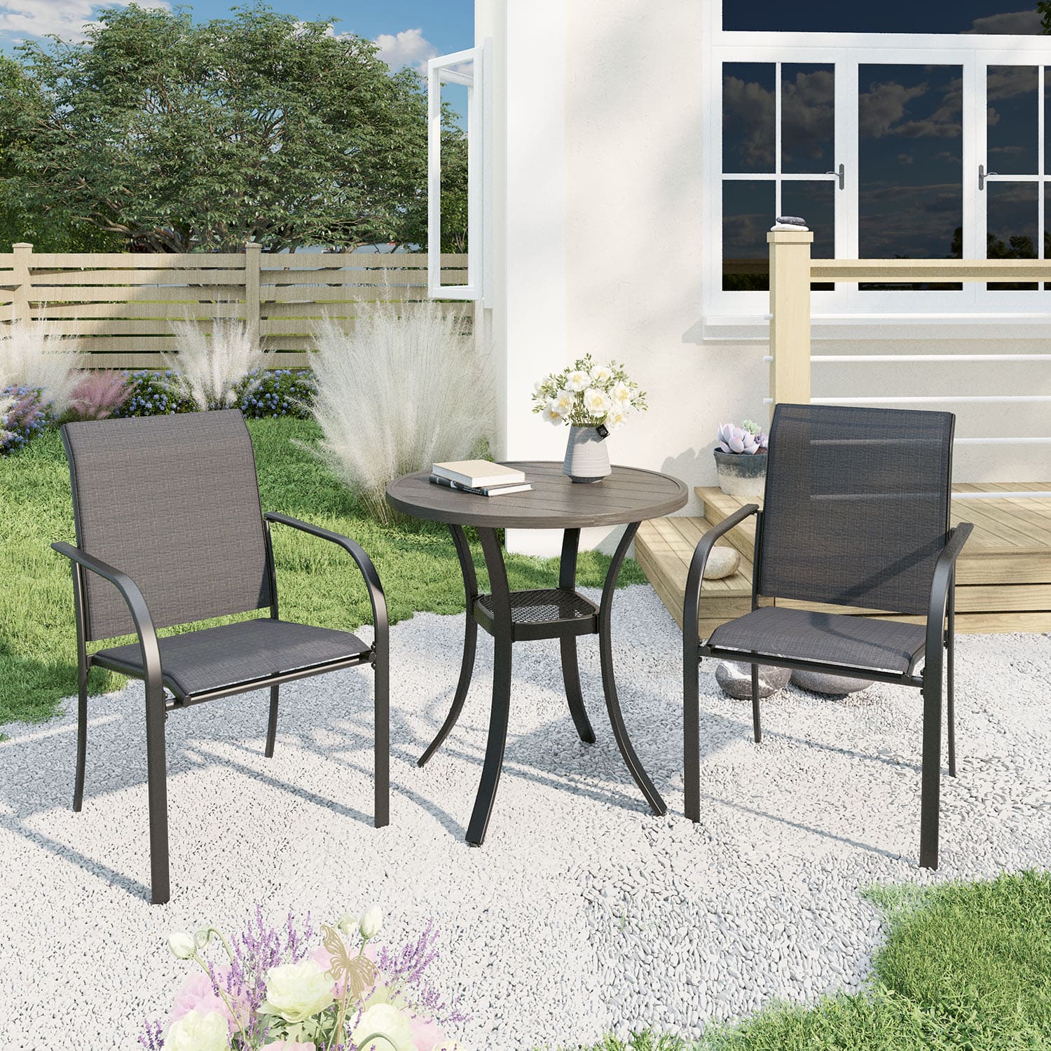 Vicllax 3-Piece Patio Bistro Set, Outdoor Stackable Sling Chairs and Round Bisto Table