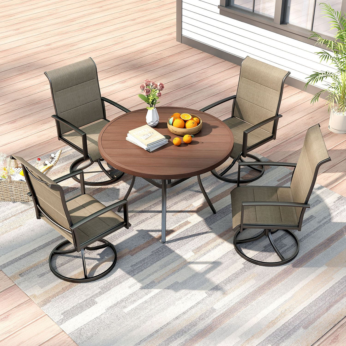 Vicllax 5-Piece Outdoor Dining Set, 42" Round Metal Table and Padded Swivel Chairs