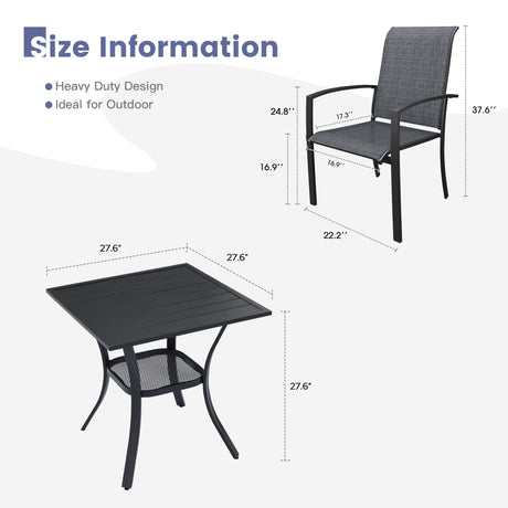 Vicllax 3-Piece Patio Bistro Set, Skyline Stackable Chair and 27.6" Metal Square Table