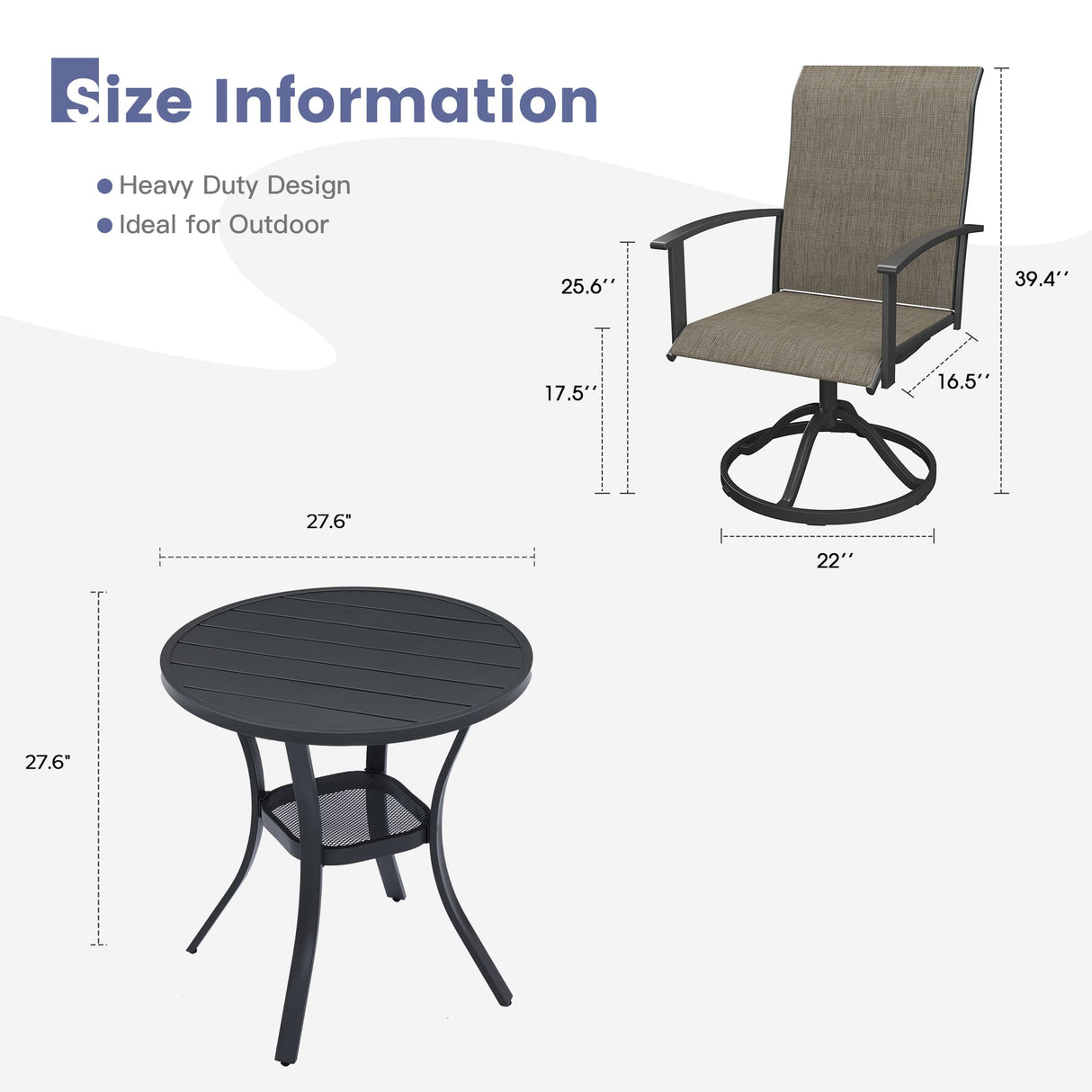 Vicllax 3 Pieces Outdoor Dining Set, 27.6" Round Bar Table and Swivel Chairs