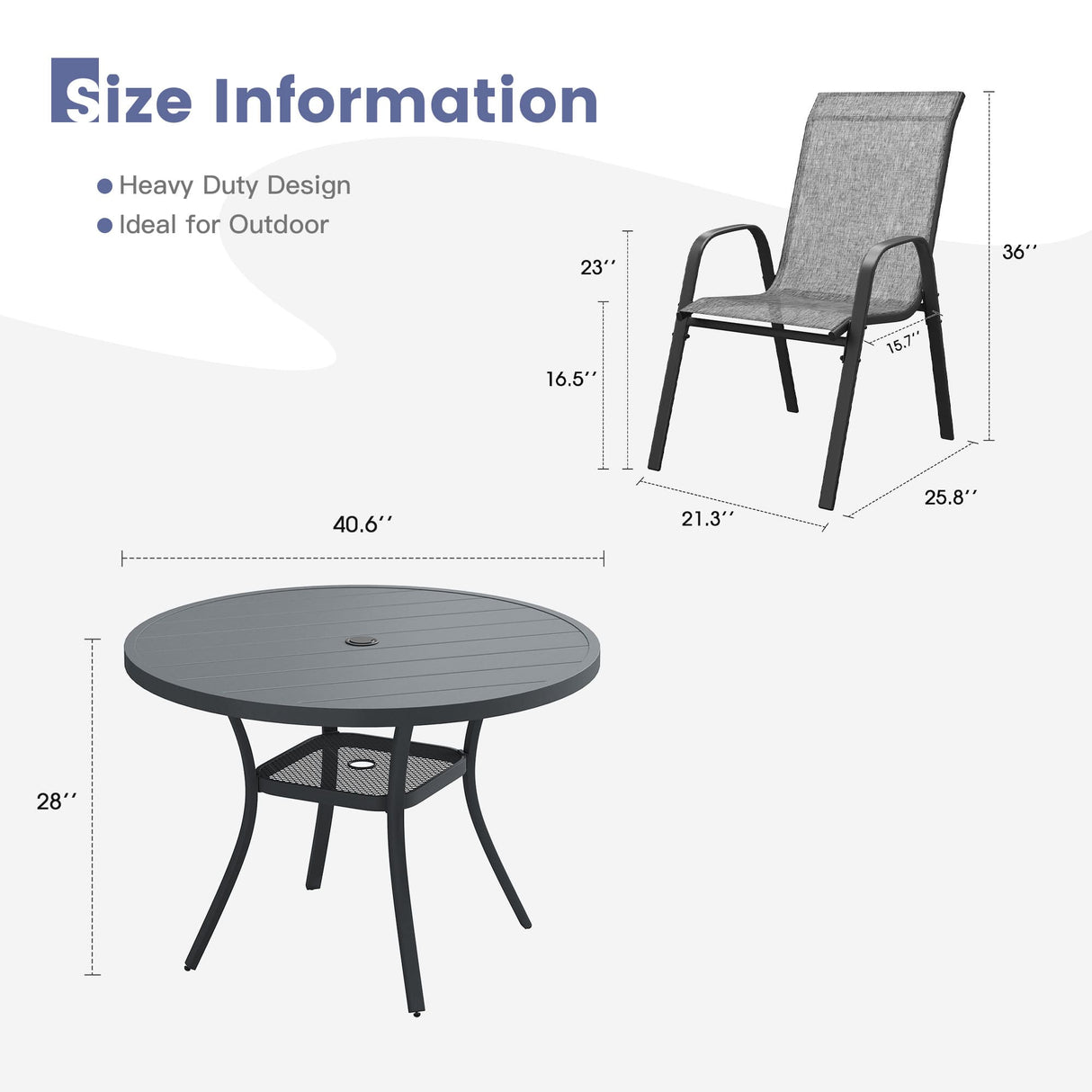 Vicllax 5 Pieces Outdoor Dining Set, 40.6" Outdoor Round dining Table and Horizon Stackable Chair
