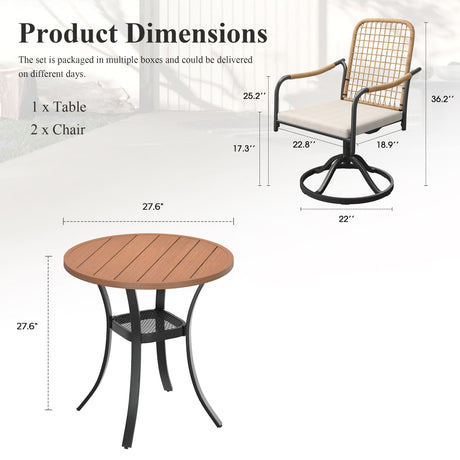 Vicllax 3 Pieces Outdoor Dining Set, 27.6" Round Bar Table and Solana Swivel Chair