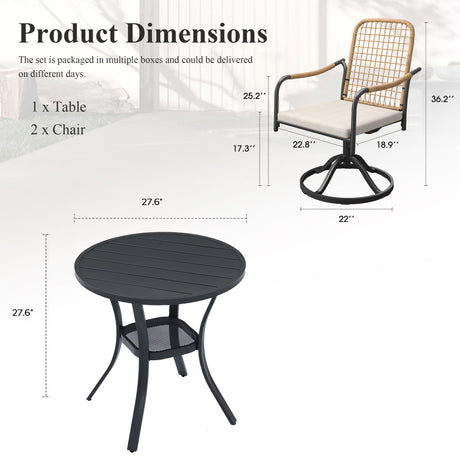 Vicllax 3 Pieces Outdoor Dining Set, 27.6" Round Bar Table and Solana Swivel Chair
