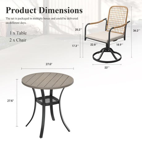 Vicllax 3 Pieces Outdoor Dining Set, 27.6" Round Bar Table and Solana Swivel Chair