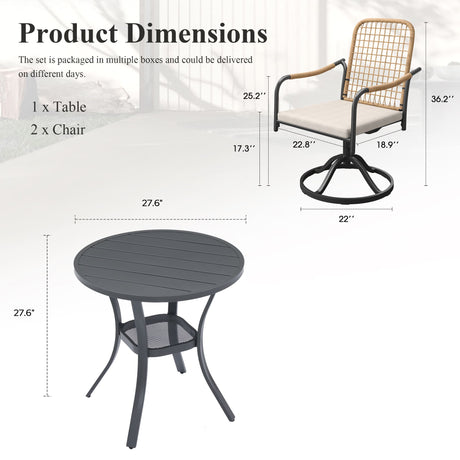 Vicllax 3 Pieces Outdoor Dining Set, 27.6" Round Bar Table and Solana Swivel Chair